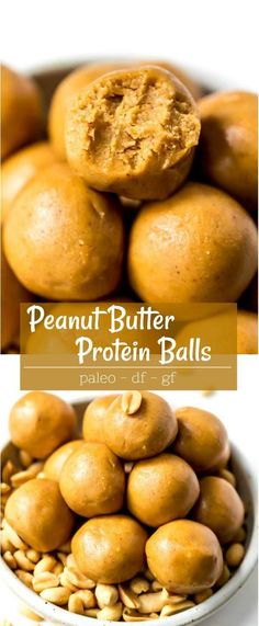 peanut butter protein balls in a white bowl with the words, palen - d'o