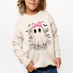 Join the spooky season with this adorable Lace Ghost sweatshirt, featuring fluttering bats and a charming pink bow. Perfect for autumn vibes. Get in the spirit of the spooky season with this lovely Lace Ghost sweatshirt, with fluttering bats and a whimsical pink bow! You'll be ready to embrace the autumn vibes with style. Playful Fall Loungewear Sweatshirt, Playful Sweatshirt For Fall Loungewear, Cute Cartoon Print Fall Sweatshirt, Cute Cartoon Print Sweatshirt For Fall, Cute Halloween Long Sleeve Sweatshirt, Cute Halloween Sweatshirt With Long Sleeves, Cute Long Sleeve Halloween Sweatshirt, Lace Ghost, Halloween Monogram