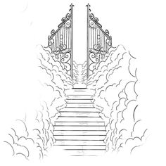 a drawing of a stairway leading to an open gate with clouds in the sky behind it