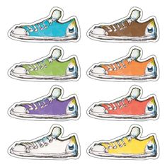 six pairs of colorful sneakers are shown in this drawing, and each shoe has different colors