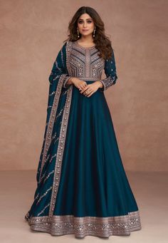 Shamita shetty Silk abaya style Anarkali suit in teal colour 9517  Desc:  Style : Long Anarkali Suits Color : Teal Fabric : Silk Work : Sequence   Embroidery Wash Care : Dry clean Sleeve Style : Full Sleeve Long Sleeves : Done only in Custom Stitch Sleeves Lining : Done only in Custom Stitch Bust Size : 32 to 42 Inches Occasion : Party Wear   Wedding   Christmas   Sangeet   Engagement   Reception   Ceremonial. With Express Free Shipping and Custom Stitching, Buy Indian Party wedding and bridal A Blue Anarkali, Floor Length Anarkali, Long Anarkali, Silk Anarkali, Gown With Dupatta, Gown Suit, Party Wear Gown, Anarkali Gown, Silk Bottoms