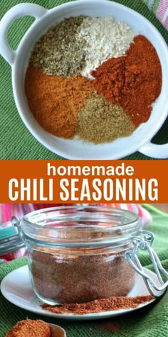 homemade chili seasoning mix in a bowl with spoons on the side and an image of