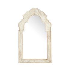 a white mirror with an arch shaped frame on the front and back side, against a white background