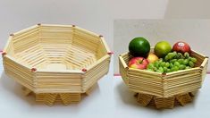 two baskets with different types of fruit in them sitting on a table next to each other