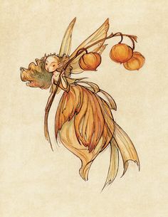 a drawing of a fairy with oranges on her back