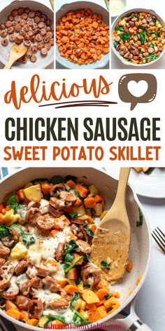 Chicken sausage and sweet potato skillet meal. Easy Healthy Dinner With Sweet Potatoes, Dinner Recipes With Turkey Sausage, Sides With Chicken Sausage, Sweet Potato And Chicken Sausage, Freezer Meals With Sweet Potatoes, Chicken Sausage Sweet Potato Skillet, Chicken Sausage Meal Prep Healthy, What To Make With Chicken Sausage, Chicken Sausage And Sweet Potato Recipes