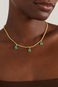 Pippa Small's 'Together Forever' collection is inspired by the rich gold history in Colombia. Specifically, the hand-panning women did to support their families and how some of the most beautiful emeralds can be found in its riverways. This 'Sofia' necklace is handcrafted from 18-karat gold and strung with a trio of the vibrant gemstones in their natural, organic shapes. Luxury Teardrop Emerald Necklace Gift, Luxury Teardrop Emerald Necklace For Gift, Gold Emerald Necklace Fine Jewelry, 14k Gold Emerald Pendant Necklace, Luxury Gold Emerald Necklace In Sterling Silver, Gold Plated Emerald Necklace For Formal Occasions, Hallmarked Emerald Jewelry, Gold Emerald Necklace, Chrysoprase Necklace