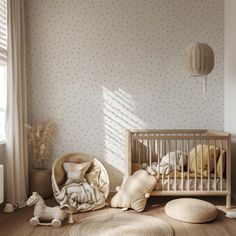 a baby's room with a crib, toys and pillows on the floor