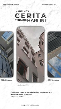 the front cover of an architectural brochure with three windows and sky in the background