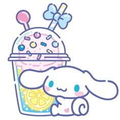 an ice cream sundae with a bunny sitting next to it