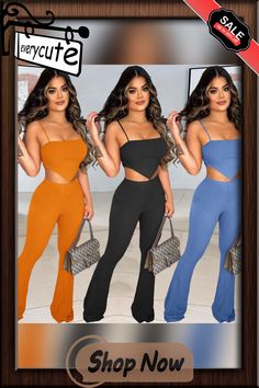 Women Solid Color High Stretchy Sleeveless Spaghetti Strap Crop Top Flare Pants Casual Slim Fit Two Piece Set Cami Bottoms For Summer Nights Out, Cami Bottoms For Night Out In Summer, Casual Sleeveless Two-piece Jumpsuit, Spring Casual Camisole Set, Sleeveless Jumpsuit With Straps, Casual Sleeveless Two-piece Pants, Casual Two-piece High Waist Jumpsuits And Rompers, Casual High-waist Two-piece Jumpsuits And Rompers, Casual Two-piece High Waist Jumpsuit