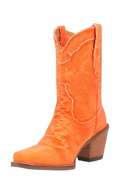 Artfully frayed and faded denim plays up the old-school vibes of an abbreviated Western boot complete with classic topstitching. 3" heel 9" shaft Removable, cushioned insole Textile upper and lining/rubber sole Imported Orange Cowgirl Outfit, Orange Cowboy Boots, 21 Party, Costal Cowgirl, Orange Boots, Dingo Boots, Teen Style, Concert Fit, Western Shoes