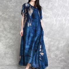 Style o neck pockets Wardrobes Fine Sewing blue print long Dress Summer - Omychic Salwar Kamiz, Loose Maxi Dress, Maxi Dress Pattern, Printed Long Dresses, Long Summer Dresses, Loose Dress, Indian Designer Wear, Linen Dresses, Kurti Designs