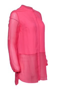 Co colorfully crisp with this Elie Tahari blouse! Made with super soft silk and a vibrant hot pink hue, this sheer stunner is sure to get you noticed at your next big meeting or networking event. Complete your look with sleek slacks and your best blazer and you'll be looking totally posh and polished! Size XS 100% Silk Front button-up closure Unlined Round neckline Long sleeve Sheer hem and sleeves Decorative buttons on sleeves Slits on sides of hem Bust 36" Waist 34" Sleeve length 22" Shoulder Elegant Pink Blouse With Sheer Sleeves, Fitted Pink Blouse With Sheer Sleeves, Pink Blouse With Sheer Sleeves For Spring, Pink Sheer Sleeves Blouse For Spring, Pink Long Sleeve Blouse With Sheer Sleeves, Chic Pink Blouse With Sheer Sleeves, Long Sleeve Pink Blouse For Layering, Pink Silk Blouse For Daywear, Spring Silk Stretch Blouse