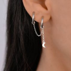 These double hoop chain earrings are a set of two hoop earrings connected by a dangly chain. There is a tiny moon charm at the end of the chain. The earrings are made of surgical stainless steel while the chain is solid sterling silver 925. The hoops are huggie clicker hoops and the chain is detachable so it can be worn with other earrings. Double Piercing, Moon Charm, Chain Earrings, Chain Lengths, Earring Set, Hippie Boho, Jewelry Earrings Dangle, Etsy Earrings, Dangle Drop Earrings