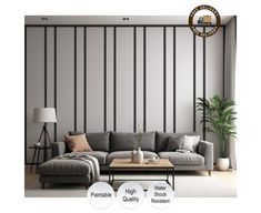 the living room is decorated in grey and white colors with black bars on the wall