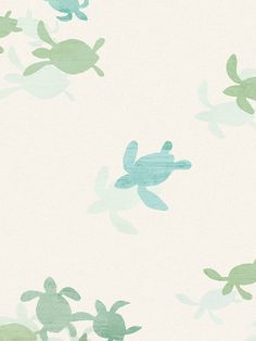 a wallpaper with sea turtles in blue and green on a white background that looks like watercolor paper