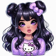 a cartoon girl with long hair and purple dress holding a hello kitty doll in her hand