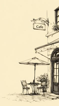 a drawing of an outside cafe with tables and umbrellas on the side of it