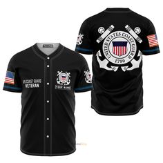 a black baseball jersey with an american flag on the chest and two navy emblems