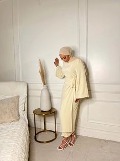 Cream Wrap Waist Linen Dress – ShopFatimaDiallo Wrap Waist Dress, Dresses Everyday, Modest Outfits Muslim, Outfits Muslim, Mode Turban, Crepe Material, Modest Fits, Dress Muslim, Mode Abaya