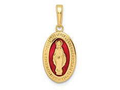 14K yellow gold solid red enameled Miraculous medal pendant with polished finish. Measures approximately 15/16"L x 3/8"W. 14k Gold Red Engraved Jewelry, Red Engraved 14k Gold Jewelry, Red 14k Gold Engraved Jewelry, Collectible Red 14k Stamped Jewelry, Red Engraved Round Pendant Jewelry, Yellow Gold Miraculous Medal Necklace As Gift, Red 14k Gold Oval Pendant Jewelry, Gold Pendant Charm Necklace With Miraculous Medal, Red Round Jewelry With Black Enamel