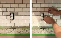 two pictures of someone fixing a light switch on a wall with white tiles and green trim