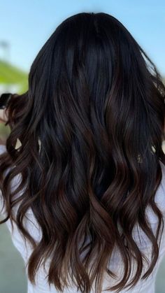 Dyed Tips On Brown Hair, Dark Hair Lowlights Black, Brown To Black Hair Ombre, Black Hair With Dark Brown Lowlights, Fall Black Hair Color, Black Hair Brown Lowlights, Dark Brunette With Lowlights, Fall Hair Color For Brunettes Dark, Brown Lowlights In Black Hair