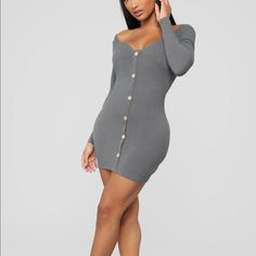 Gray Ribbed Mini Dress With Button Detail And Long Sleeves. New With Tags Casual Ribbed Button-up Dress, Ribbed Button-up Spring Dresses, Spring Ribbed Button-up Dress, Spring Button-up Ribbed Dresses, Ribbed Mini Dress, Fashion Nova Dress, Fashion Nova Dresses, Button Detail, Gray Dress