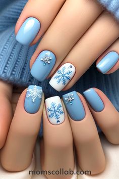 10 Trendy Blue Nail Design Ideas That are Simple to Recreate Blue Winter French Tip Nails, Light Blue January Nails, Soft Blue Nails Designs, Winter Nail Designs Blue, Snow Nails Winter Blue, Winter Beach Nails, Winter Blue Nails, Christmas Manicures, Sneaker Nails