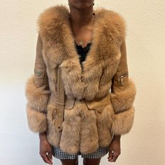 Natural cross fox fur and leather jacket. Available in sizes small, medium and large. Please message your preferred size. Luxury Fur Coat With Faux Fur Trim For Fall, Luxury Fall Fur Coat With Faux Fur Trim, Luxury Mink-colored Fur Coat With Faux Fur Lining, Luxury Fur Coat With Feather Trim For Winter, Luxury Winter Fur Coat With Feather Trim, Luxury Fur Coat With Feather Trim For Fall, Luxury Winter Fur Coat With Faux Fur Lining, Luxury Fur Coat With Faux Fur Trim, Luxury Fur Coat With Feather Trim