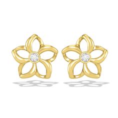 14K Yellow Gold Floating Plumeria Stud Earrings with 0.06 Carats (total weight) of bezel set Diamonds. The Plumeria flower measures approximately 7/16" in width. Bezel Set Diamond, Fine Jewels, Bezel Setting, Floating, Gold Bracelet, Diamonds, White Gold, Yellow Gold, Stud Earrings