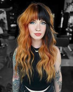 These are The 95 Hottest Hair Color Ideas of 2024 Gave Framing Haircut, Fashion Colors Hair Ideas, Blonde And Brunette Color Block Hair, Black And Strawberry Blonde Hair, Alternative Haircuts Medium Straight Hair, Quadrant Hair Color, Copper And Black Hair, Cheveux Oranges