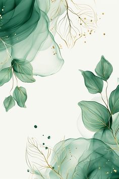 green leaves and gold glitters on a white background