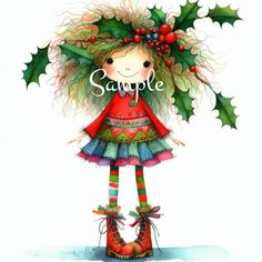 a watercolor painting of a girl with holly wreaths on her head and boots