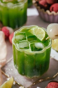 The lychee matcha soda topped with a fresh lychee and a lime wedge. Mojito Mocktail