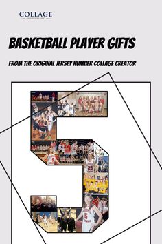 A basketball-themed photo collage in the shape of the number 5, showcasing various memorable basketball moments, including team photos, action shots, and celebrations. The text reads, "Basketball Player Gifts: From the Original Jersey Number Collage Creator." This collage highlights a creative and personalized senior night gift idea. Basketball Posters Ideas, Basketball Poster Ideas, Basketball Poster, Jersey Numbers, Posters Ideas, Basketball Posters, Basketball Gifts, Beautiful Collage, Poster Ideas