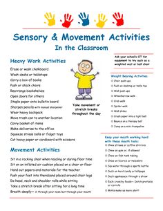 a flyer with handprints on it and the words, sensory & movement activities in