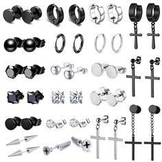 PRICES MAY VARY. PACKAGE INCLUDED: 20 pairs of fashion women earrings,including 5pairs of black stud earrings, 7pair of silvery studs,4pairs of small huggie hoops, and 4pairs of cross dangle earrings with black and silvery colors, many options for you to wear everyday. HIGH QUALITY: Made of stainless steel,these earrings are not easy to fade,dust and corrosion proof, could wear for long time.The clipon hoops are easy to open or close, comfortable to wear and very fashionable. FASHION STYLES: The Black Studs, Black Stud Earrings, Types Of Earrings, Friends Christmas, Black Stud, Earring Stud, Women Earrings, Steel Earrings, Gifts For Your Mom