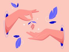 two hands reaching for leaves and berries on a pink background