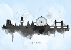 the london skyline is painted in black and white