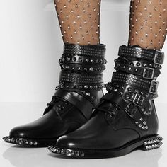 Step up your style game with these black ankle boots. Featuring edgy studs and trendy buckles, they add a touch of rocker chic to any outfit. Lace-up closure ensures a secure fit. Color: black Handcrafted US sizing. Fits true to size. Black Studs, Boots Store, Buckle Ankle Boots, Black Stud, Rocker Chic, Rock Chic, Saint Laurent Shoes, Boots Ankle, Lace Up Ankle Boots