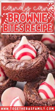 chocolate brownie bites recipe with candy canes in the middle and text overlay