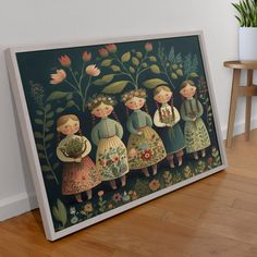 a painting on the wall with four girls holding flowers