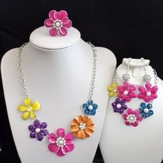 It Is Beautiful, Elegant, Modern And Fun. This Set Is Complete With 4 Pieces And All Brand New And In Perfect Condition. ( Bs1) Handmade Multicolor Jewelry For Mother's Day, Multicolor Flower Necklace For Spring Gift, Multicolor Flower Necklace As Spring Gift, Spring Multicolor Flower Necklace As Gift, Colorful Flower Shaped Jewelry For Gifts, Colorful Flower Shaped Jewelry Gift, Colorful Flower-shaped Jewelry For Gifts, Colorful Flower-shaped Jewelry Gift, Colorful Metal Jewelry For Gifts