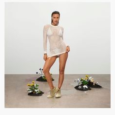 Ivy Park Open Mesh Long Sleeve Mini Dress ‘Off White’ A Long-Sleeved Open Mesh Dress That Serves As A Cover-Up. Size Xs Using Open Mesh As The Material, This Adidas Ivy Park Long-Sleeved Mini Dress Has A Playful Design That Shows Through The Items Worn In Layers Underneath. At First Glance, It Looks Like It Has Long Sleeves And Cover Power, But In Reality It Is Attractive With An Elegant Look With A Sense Of Sheerness. The Collar And Cuffs Are Decorated With Decorative Bindings To Create Contras Fitted Beachwear Mini Dress For Daywear, Fitted Mini Beachwear Dress For Daywear, Fitted Mini Dress For Beach Daywear, White Long Sleeve Mini Dress For Beach Season, White Fitted Tops For Beach Cover-up, Ivy Park Clothing, Gold Sparkly Dress, Adidas Ivy Park, Magenta Sweater