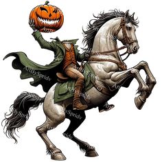 a man riding on the back of a white horse holding a jack - o'- lantern