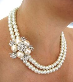 This elegant bridal necklace composed of beads,rhinestone and pearls, perfect fits for the brides or any special occasion! The necklace long inner strand: 19" (48cm) ~ ~ ~ ~ ~ ~ ~ ~ ~ ~ ~ ~ ~ ~ ~ ~ ❤ PLEASE NOTE! It takes approx. 15-25 days for packages to be delivered from Israel to the United States and Canada. RUSH ORDERS and EXPEDITED SHIPPING are available if required (approx 6 working days delivery).  Please contact me through Etsy Convos prior to ordering so I can create a custom listing Victorian Bridal Necklace, Vintage Bridal Necklace, Gold Bridal Necklace, Pearls Wedding, Bridal Pearl Necklace, Swarovski Crystal Hearts, Pearl Necklace Designs, Pearl Bridal Jewelry, Pearl Necklace Wedding