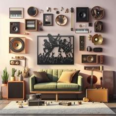 a living room filled with lots of different types of furniture and decor on the wall