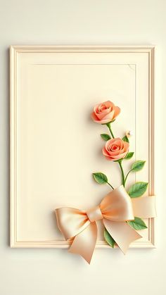 three pink roses with green leaves and a bow on a white background, in a frame